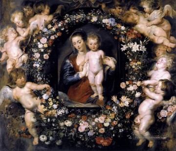 Madonna en couronne florale baroque Peter Paul Rubens Peinture à l'huile